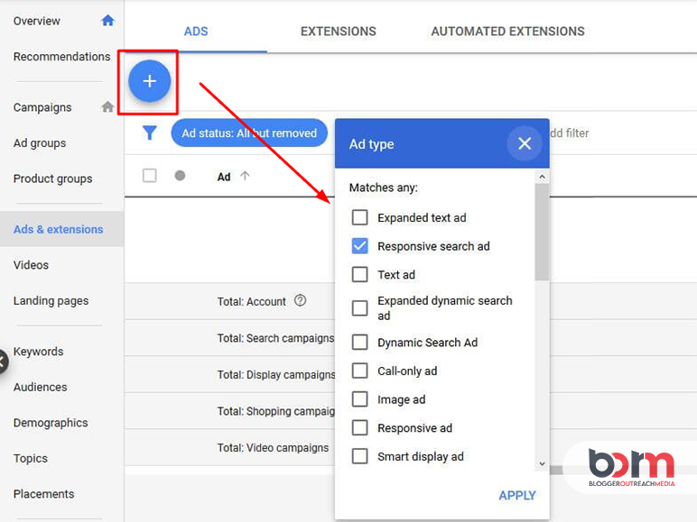Click the plus sign and select the responsive search ads